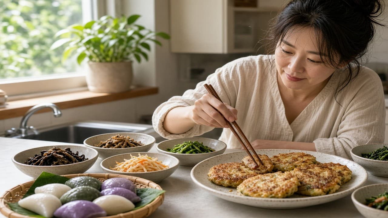 추석 남은 재료로 3끼 — 전·나물·송편