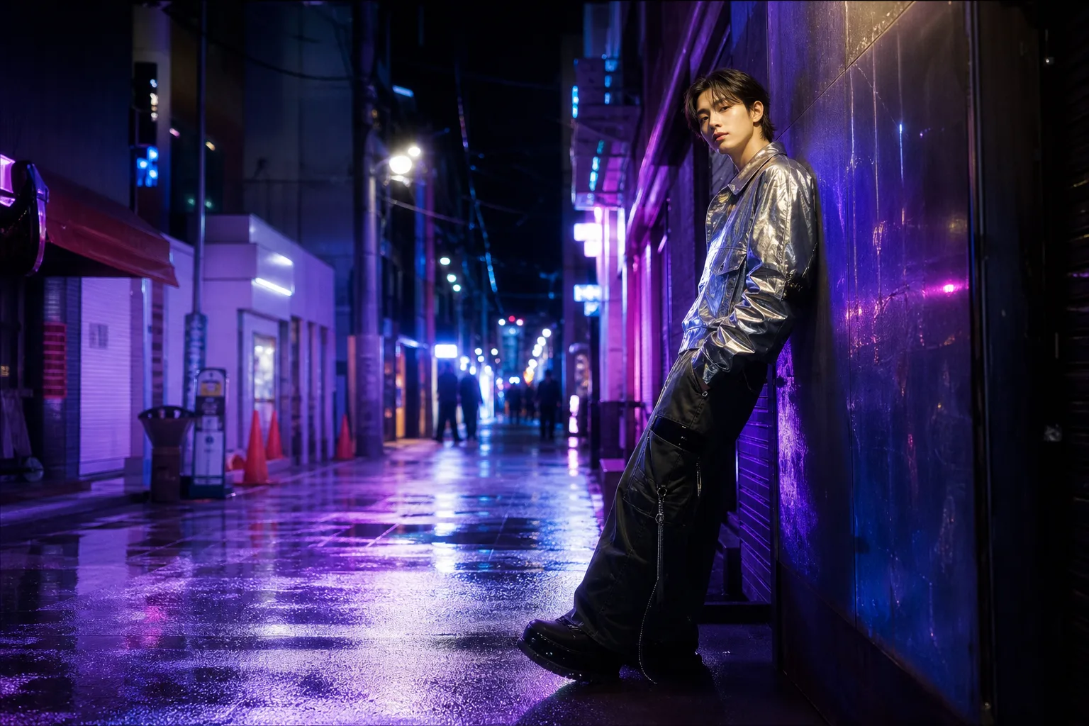 K-pop solo artist neon street night scene